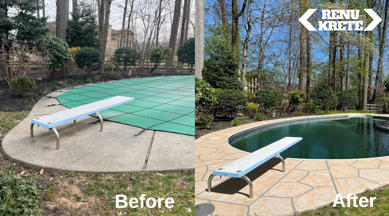 Before and after concrete resurfacing in NY featuring RenuKrete's Tuscany finish with warm terracotta tones for an elegant and timeless transformation