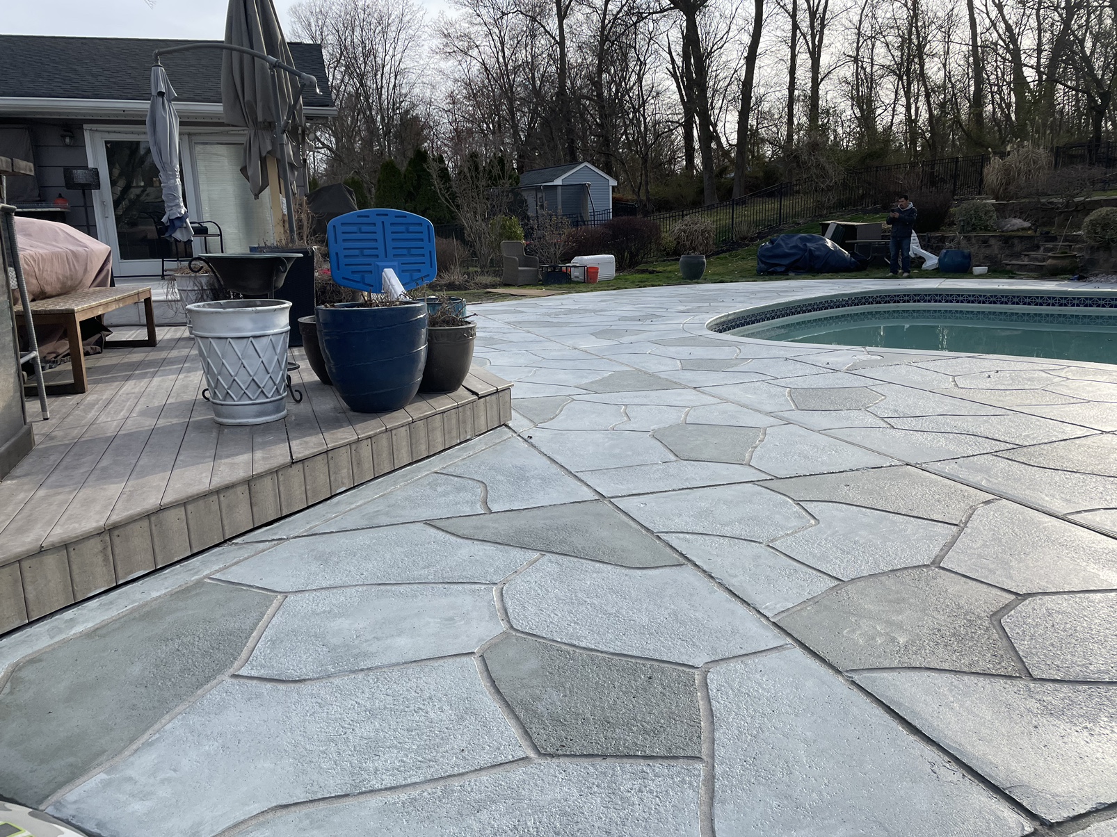 Granite Slate pool deck concrete resurfacing project with refined slate like texture.