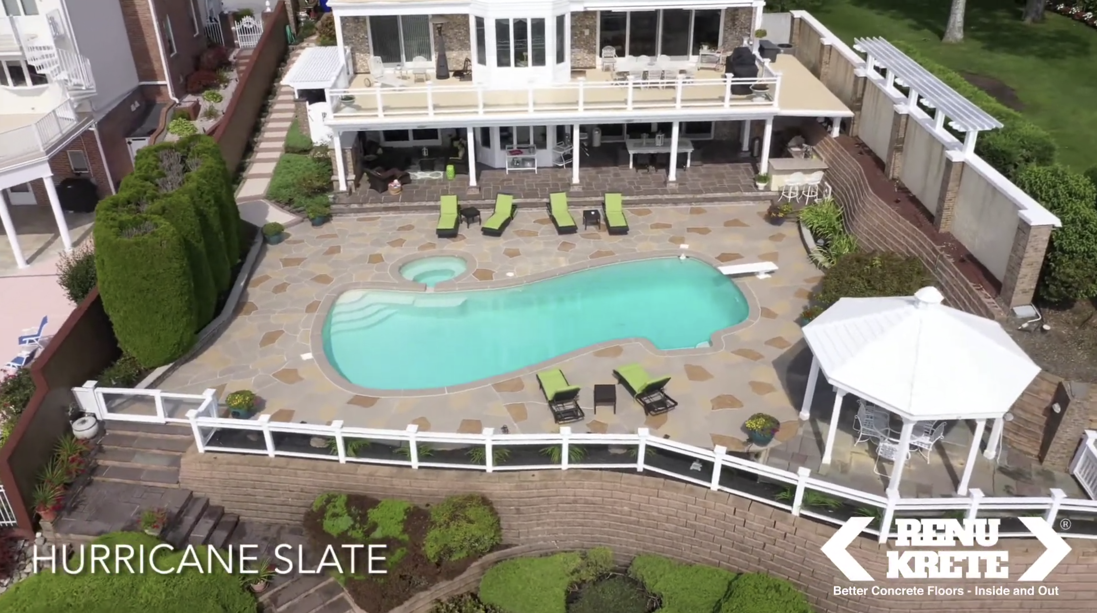 RenuKrete resurfaced pool deck in Hurricane Slate showing refined surface texture